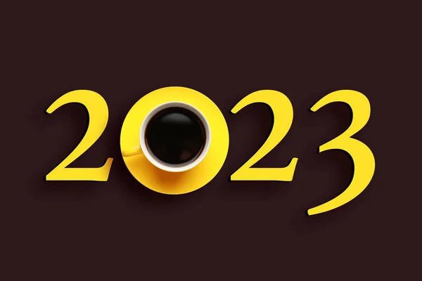 一杯美味的咖啡 深色背景的2023号图形 — 图库照片