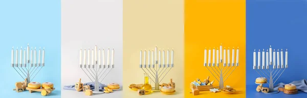 Collage Menorahs Dreidels Treats Hanukkah Celebration Color Background — Stock Photo, Image