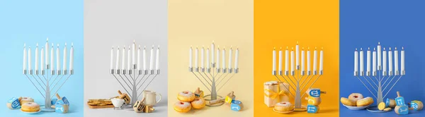 Collage Mit Menorahs Dreidels Und Leckereien Zum Chanukka Fest Auf — Stockfoto