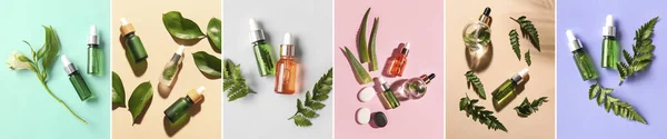 Collage with bottles of natural cosmetic serum on colorful background, top view