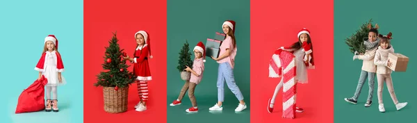 Colagem Festiva Crianças Pequenas Felizes Mulher Fundo Cores Celebração Natal — Fotografia de Stock