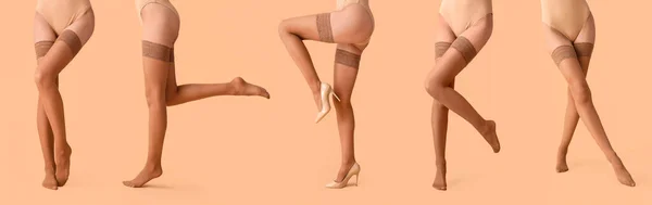 Bej Arka Planda Çoraplı Birçok Güzel Genç Kadının Bacakları — Stok fotoğraf