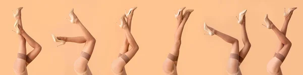 Ноги Многих Красивых Молодых Женщин Чулках Бежевом Фоне — стоковое фото