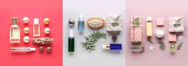 Collage of natural cosmetics with gifts and Christmas decorations on color background
