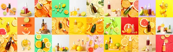 Collage Con Molti Oli Essenziali Agrumi Sfondo Colore — Foto Stock