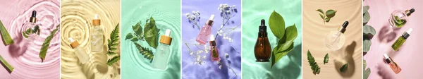 Collage with bottles of natural cosmetic serum in water on colorful background