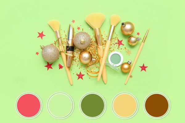 Makeup Brushes Cosmetics Christmas Decor Green Background Different Color Patterns — Stock Photo, Image