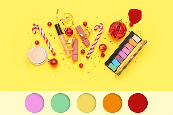 Makeup Produkter Med Julinredning Gul Bakgrund Olika Färgmönster — Stockfoto