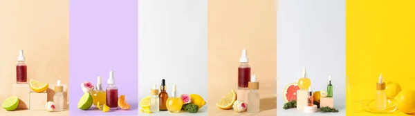 Collage Met Etherische Oliën Van Citrus Achtergrond Van Kleur — Stockfoto