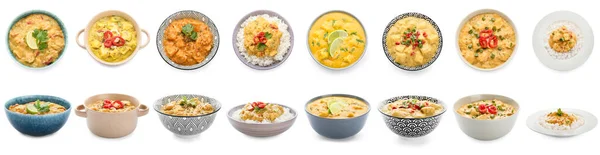 Stock image Collage of tasty chicken curry on white background