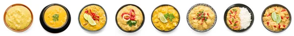 Set Von Leckerem Chicken Curry Auf Weißem Hintergrund Draufsicht — Stockfoto
