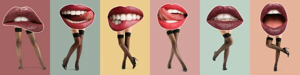 Collage Con Muchos Labios Piernas Femeninas Medias Sobre Fondo Colorido —  Fotos de Stock