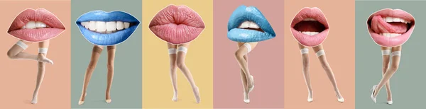 Kolaż Wieloma Kobiecymi Ustami Nogami Pończochach Kolorowym Tle — Zdjęcie stockowe