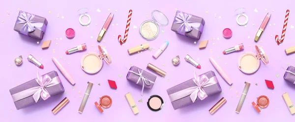 Makeup Cosmetics Christmas Gifts Lilac Background — Stock Photo, Image