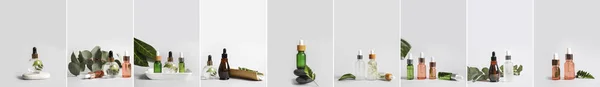 Колаж Пляшками Натуральної Сироватки Світлому Фоні — стокове фото