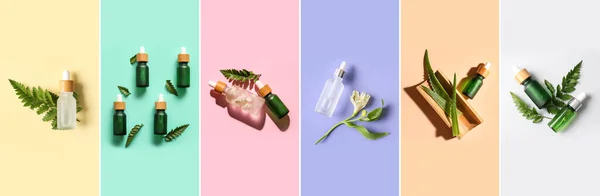 Collage Med Flaskor Naturligt Serum Färgglad Bakgrund — Stockfoto