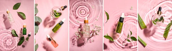 Collage Con Bottiglie Siero Naturale Acqua Fondo Rosa — Foto Stock