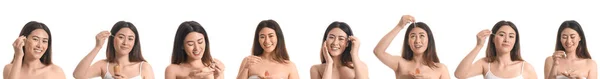 Set Van Jonge Aziatische Vrouw Met Cosmetisch Serum Geïsoleerd Wit — Stockfoto