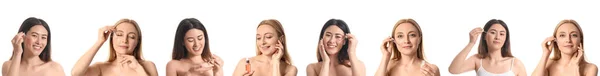 Set Von Frauen Mit Kosmetischem Serum Isoliert Auf Weiß — Stockfoto