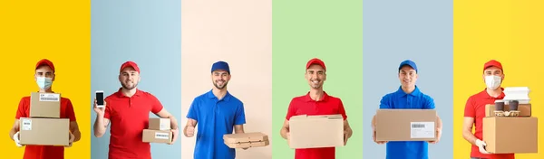 Set Delivery Men Color Background — Stock Photo, Image