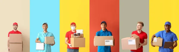 Set Delivery Men Color Background — Stock Photo, Image