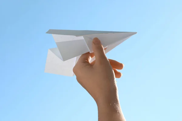 Woman Paper Plane Blue Sky Closeup — Stock Photo, Image