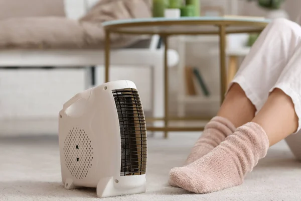 Modern Electric Fan Heater Woman Warm Socks Carpet Closeup — Stock Photo, Image
