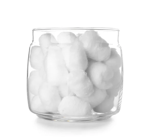 Glazen Pot Van Katoenen Ballen Witte Achtergrond — Stockfoto