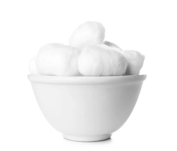 stock image Bowl of soft cotton balls on white background