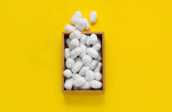 Wooden Box Soft Cotton Balls Yellow Background — Stock Photo, Image