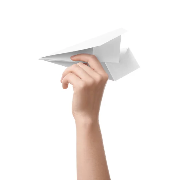 Woman Holding Paper Plane White Background — Stock Photo, Image