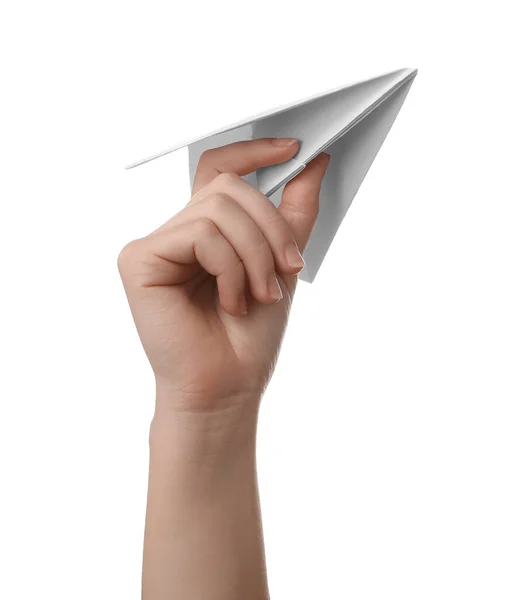 Woman Holding Paper Plane White Background — Stock Photo, Image