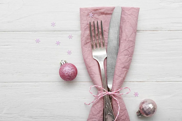 Cutlery Napkin Christmas Balls Light Wooden Background — Stock Photo, Image