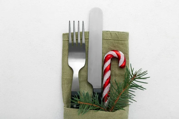 Holder Cutlery Christmas Toy Fir Branch Light Background Closeup — Stock Photo, Image
