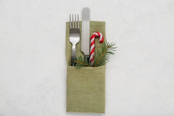 Holder Cutlery Christmas Toy Fir Branch Light Background — Stock Photo, Image