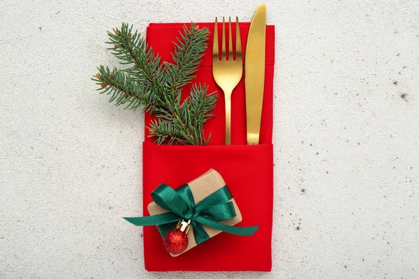 Holder Golden Cutlery Fir Branch Christmas Gift Light Background — Stock Photo, Image