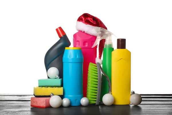 Cleaning Supplies Santa Hat Christmas Balls Table White Background — Stock Photo, Image