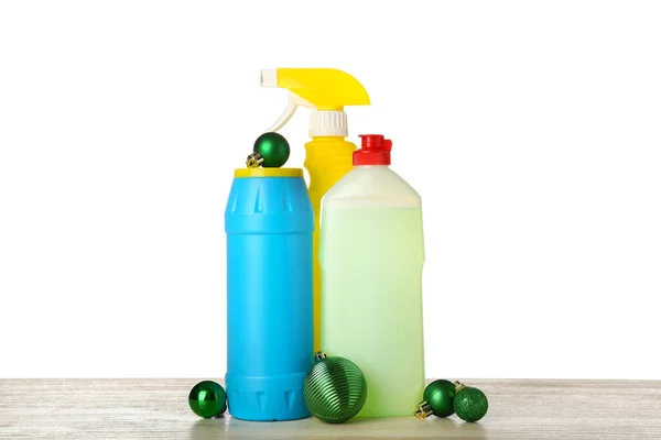 Bottles Detergent Christmas Balls Table White Background — Stock Photo, Image
