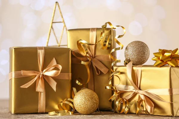 Beautiful Christmas Gifts Decorations Table Lights Closeup — Stock Photo, Image