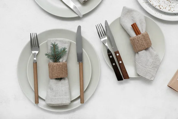 Christmas Table Setting Fir Branches Cinnamon White Background — Stock Photo, Image
