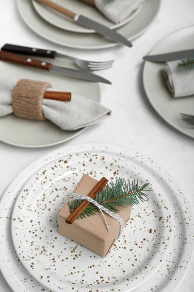 Christmas Table Setting Fir Branch Cinnamon White Background Closeup — Stock Photo, Image