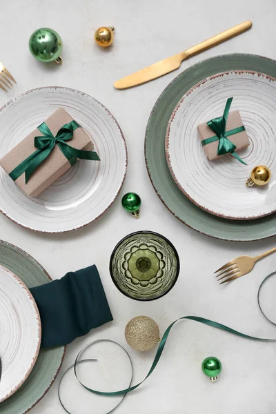 Beautiful Table Setting Christmas Balls Gifts White Background — Stock Photo, Image