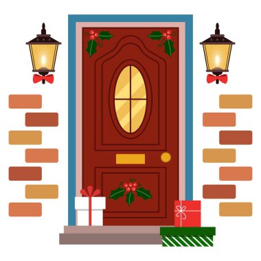 Ön kapı beyaz arka planda Noel kutlaması için dekore edilmiş.