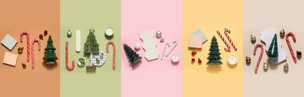 Collage Con Muchas Decoraciones Navidad Sobre Fondo Colorido Vista Superior —  Fotos de Stock
