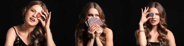 Sada Krásné Mladé Ženy Pokerových Žetonů Karet Tmavém Pozadí — Stock fotografie