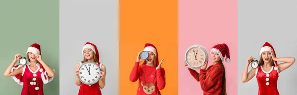 Set Von Schönen Jungen Frauen Weihnachtsmützen Und Mit Uhr Auf — Stockfoto