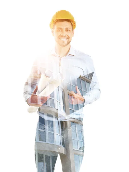 Double exposure of male engineer with drawings and unfinished building on white background