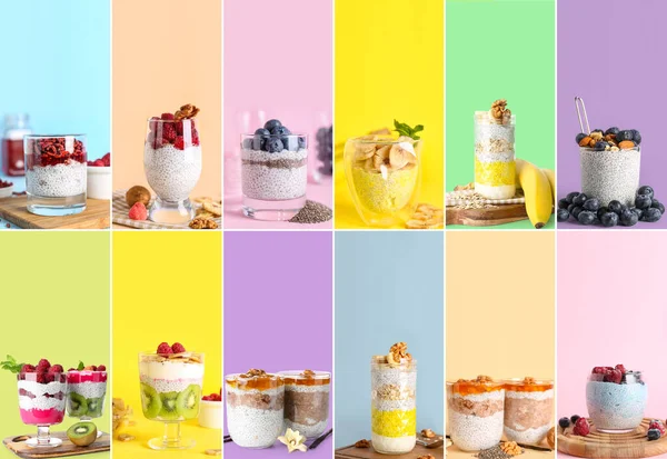 Collage Van Smakelijke Chia Puddingen Met Fruit Bessen Noten Kleur — Stockfoto
