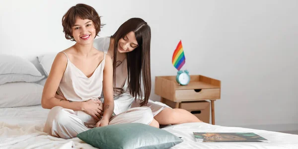 Young Pregnant Lesbian Her Wife Bedroom — Stock Photo, Image