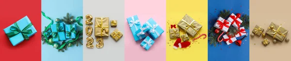 Collage Con Muchos Regalos Navidad Decoración Sobre Fondo Colorido — Foto de Stock